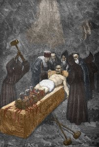 Zaak van de Bezeten van Loudun (demonen van Loudun) rond 1630: heksenjacht, de Franse priester Urbain Grandier (1590-1634) die naar verluidt een pact met de duivel had gesloten en beschuldigd werd van het betoveren van nonnen, wordt gemarteld door Victor Armand Poirson