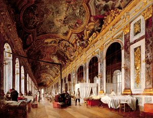 De Spiegelzaal in Versailles gebruikt als militair ziekenhuis voor het verzorgen van gewonde Pruisen in 1871