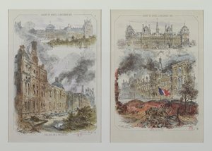 Gezichten op het Tuilerieënpaleis en het stadhuis voor en na de branden van 1871 door Victor Coindre