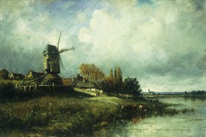 Een Rivierlandschap met een Windmolen, 1870