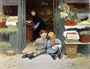 Twee kinderen eten een appel en aardbeien. Illustratie