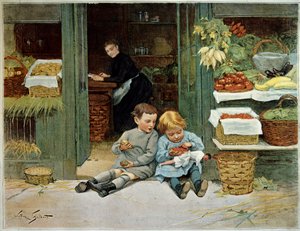 Tour hem. Kind eet toast voor de boodschappen van hun moeder. Het meisje heeft een pop op haar schoot. Schilderij door Victor Gilbert (1847-1935). Parijs, Decoratieve Kunsten door Victor Gabriel Gilbert