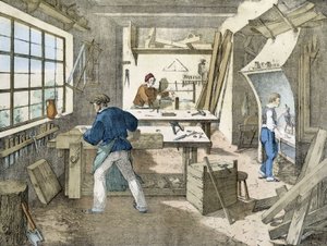 De timmerman, litho van Janson. 19e eeuw. door Victor Janson