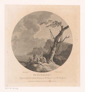 Landschap met vissers bij een boom met visnetten door Victor Marie Picot