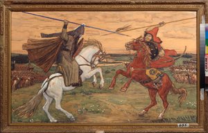 Het duel van Alexander Peresvet en de Tataar Chelibey op de vlakte van Koelikovo in 1380 door Victor Mikhailovich Vasnetsov