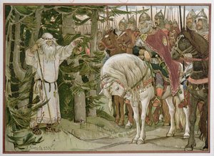 Prins Oleg (ca. 912) ontmoet de waarzegger die voorspelt dat zijn paard de oorzaak van zijn dood zal zijn, illustratie uit 