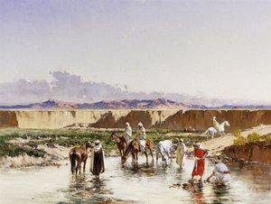 Arabische Ruiters die water drinken in een Oase door Victor Pierre Huguet