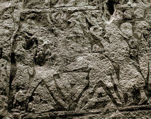 De doden rijden op het paard van Odin, detail van een Viking grafsteen, 7e-8e eeuw n.Chr. door Viking