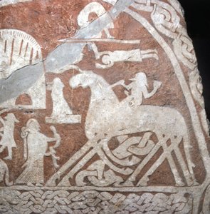 Wotan (Odin), op zijn achtbenige paard Sleipnir - Vikingrunen van het eiland Gotland (Zweden)