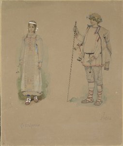 Sneeuwmeisje en Lel. Kostuumontwerp voor de opera Sneeuwmeisje door N. Rimsky-Korsakov, 1885 door Viktor Mikhaylovich Vasnetsov