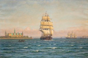 Zeilschepen en een veerboot bij Kronborg. door Vilhelm Arnesen