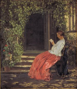 Lezende dame buiten een tuinpoort