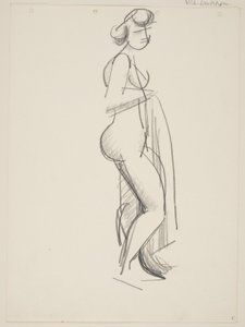 Staande naakte vrouw, profiel naar rechts, draperie in de hand door Vilhelm Lundstrøm