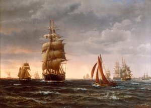 Schepen op ruwe zee door Vilhelm Melbye