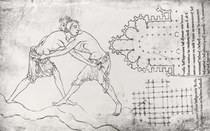 Ms.Fr.19093 fol.14v Twee worstelaars, plan van een cisterciënzer kerk en plan van het koor van Notre-Dame de Cambrai (facsimile kopie)
