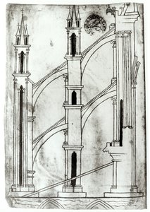Ms Fr 19093 f.32v Sectie van de muur en boog van de absidiale kapellen van de Kathedraal van Reims (facsimile kopie)