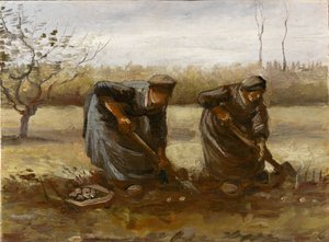 Twee boerinnen die aardappelen rooien, 1885