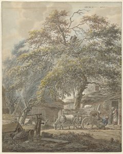Boerenerf met twee mannen die een wieg op een paardenkar laden door Vincent Jansz. van der Vinne