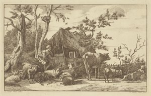 Zittende herder met vee voor een vervallen schuur