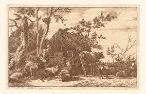 Zittende herder met vee voor een vervallen schuur door Vincent Jansz. van der Vinne