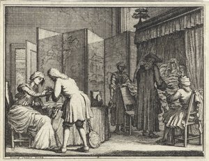 Figuren rond een ziekbed en een arts die een vrouw verbindt
