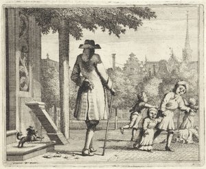 Hond blaft naar een man in een straat door Vincent Laurensz. van der Vinne (II)
