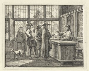 Interieur met goudweger en klanten