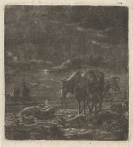 Nachtlandschap met slapende herder en vee door Vincent Laurensz. van der Vinne (II)