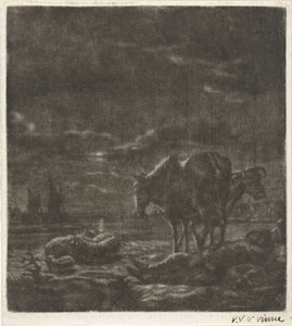 Nachtlandschap met slapende herder en vee door Vincent Laurensz. van der Vinne (II)