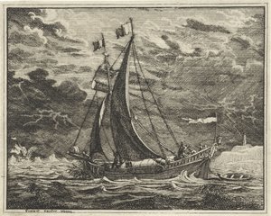 Schip in onheilspellend weer door Vincent Laurensz. van der Vinne (II)
