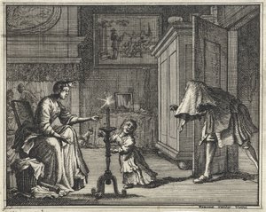 Vader maakt een kind aan het schrikken in een interieur