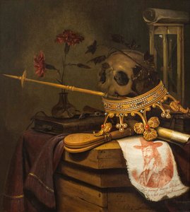 Een vanitas stilleven met een schedel, kroon, scepter, fluit, blaasbalg, zandloper, anjers in een glazen vaas, rol, boek en een gegraveerd portret van Karel I