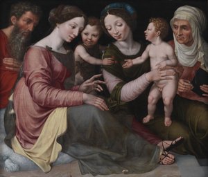 De Heilige Familie met het Kind Jezus, Sint Johannes, Sint Elizabeth en Sint Anna door Vincent Sellaer