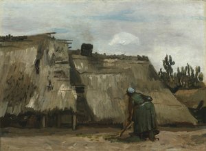 Boerin die graaft voor haar huisje, ca. 1885