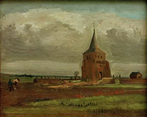 De oude kerktoren in Nuenen met ploegende boer door Vincent van Gogh