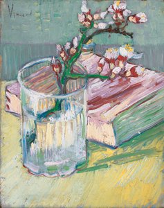 Bloeiende amandeltak in een glas met een boek, 1888