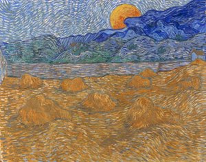 Landschap met tarweschoven en opkomende maan door Vincent van Gogh