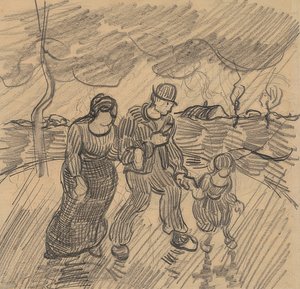 Paar met kind op een straat in de regen. 1890 door Vincent van Gogh