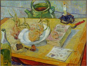 Stilleven met tekenbord, pijp, uien en lak door Vincent van Gogh
