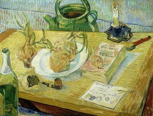 Stilleven met tekenbord, pijp, uien en lak door Vincent van Gogh