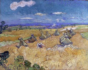 Korenveld met schoven en maaimachine door Vincent van Gogh
