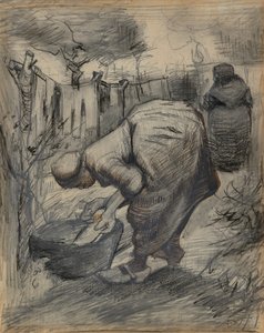 Vrouw bij de wastobbe, in een tuin