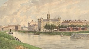 De Weissgärber Lände in Wenen met het Donau-stoomschipgebouw door Vincenz Havlicek