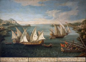 Zeeslag tussen Venetiaanse schepen van Marco Ivanovich Dobrota en Turkse schepen bij Patras op 17 april door Vincenzo Chilone