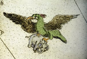 De reusachtige vogel Rok die een olifant draagt tussen zijn klauwen om aan zijn jongen te geven, detail van een wereldkaart door Vincenzo Coronelli (1650-1718). 17e eeuw