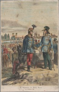 Generaal György Klapka geeft de vesting Komárom over aan veldmaarschalk Jacob Julius von Haynau op 2 oktober 1849