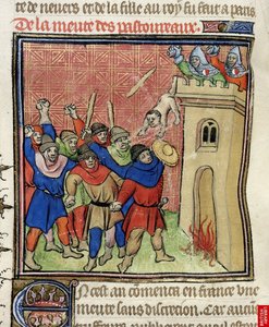 Detail van een miniatuur van de Derde Kruistocht van Pastoureaux. Joden die hun kinderen van een toren gooien, na 1380 door Virgil Master