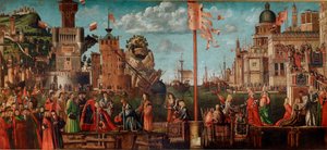 Cyclus van het leven van Sint Ursula, vierde episode: De ontmoeting van de verloofden en het vertrek op pelgrimstocht door Vittore Carpaccio