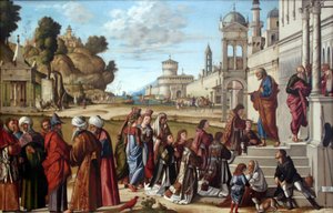 Duits: Die Weihe des Heiligen Stephanus zum Diakon Wijding van de heilige Stephanus tot diaken door Vittore Carpaccio