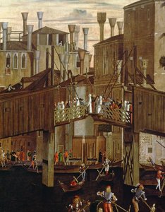 Het wonder van het relikwie van het Heilige Kruis, detail van de oude Rialtobrug door Vittore Carpaccio